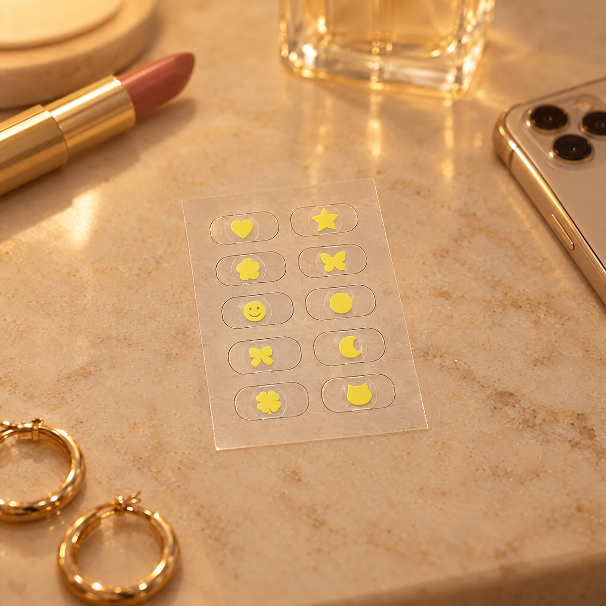 Sheet of 10 yellow test stickers on a vanity table