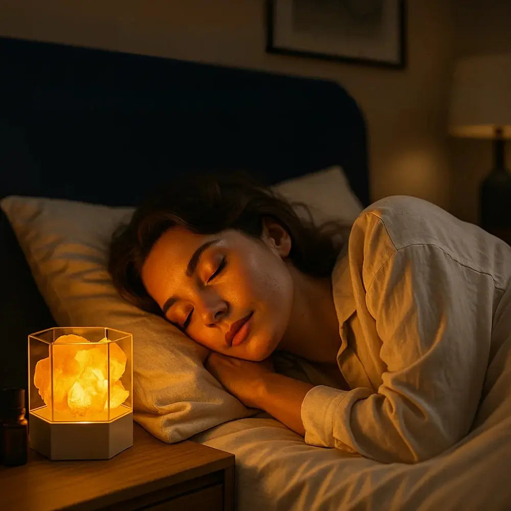 Woman asleep beside the warm glow of the salt lamp