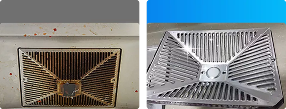 Before and after PureSteam Pro on greasy stovetop