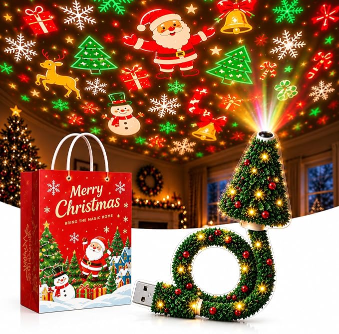 Christmas projector with gift bag and projected scene
