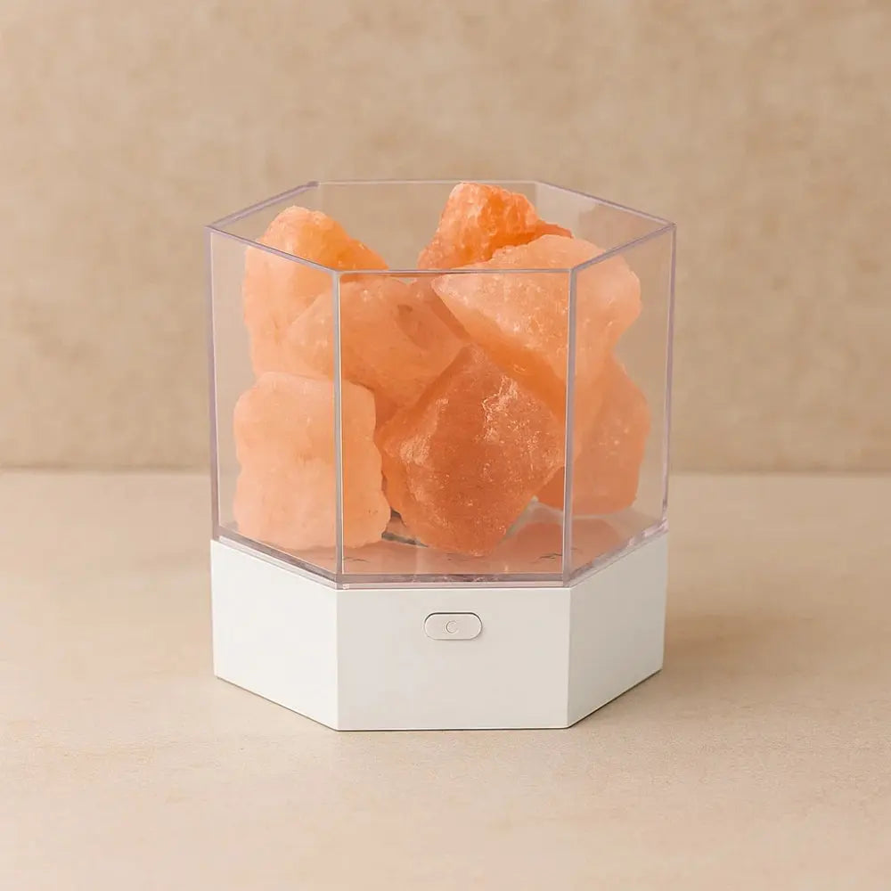 Luxinora Salt Lamp - hexagonal case filled with Himalayan salt rocks