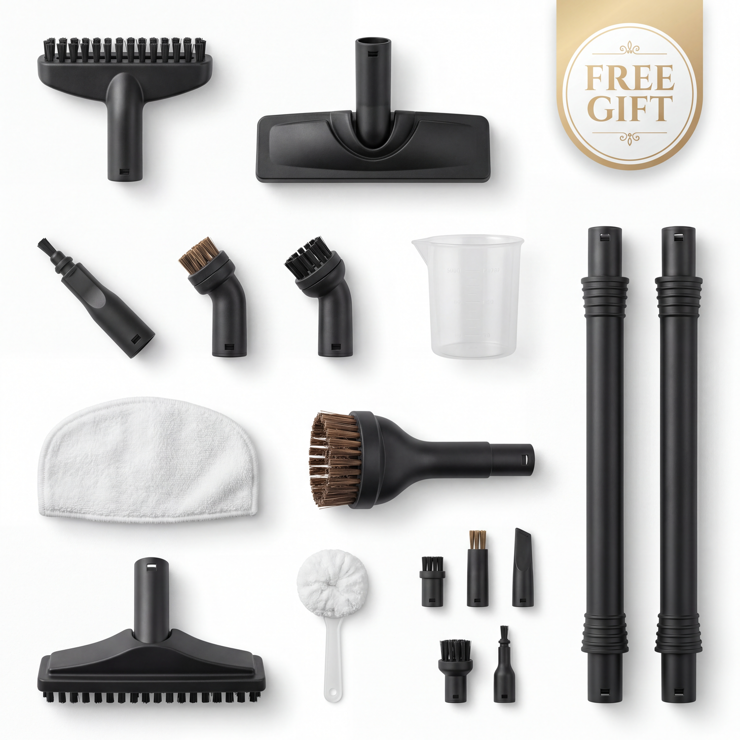 The 12-piece PureSteam Pro accessory kit — squeegee, brushes, nozzles, extension tube