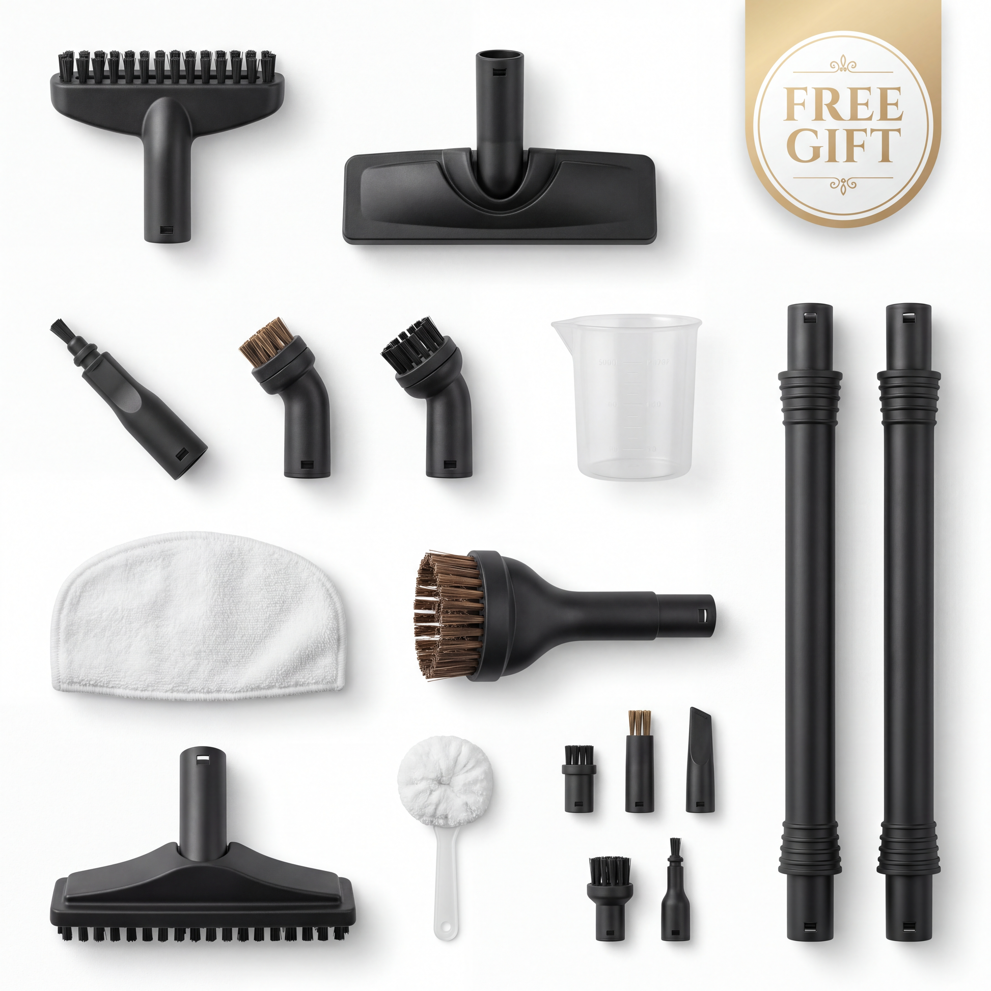 The 12-piece PureSteam Pro accessory kit — squeegee, brushes, nozzles, extension tube
