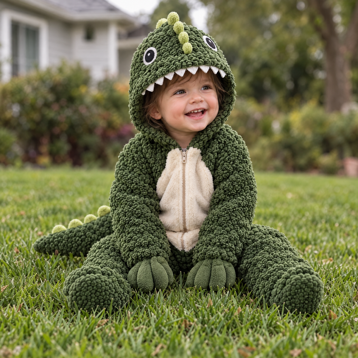 Baby dino romper, in the garden