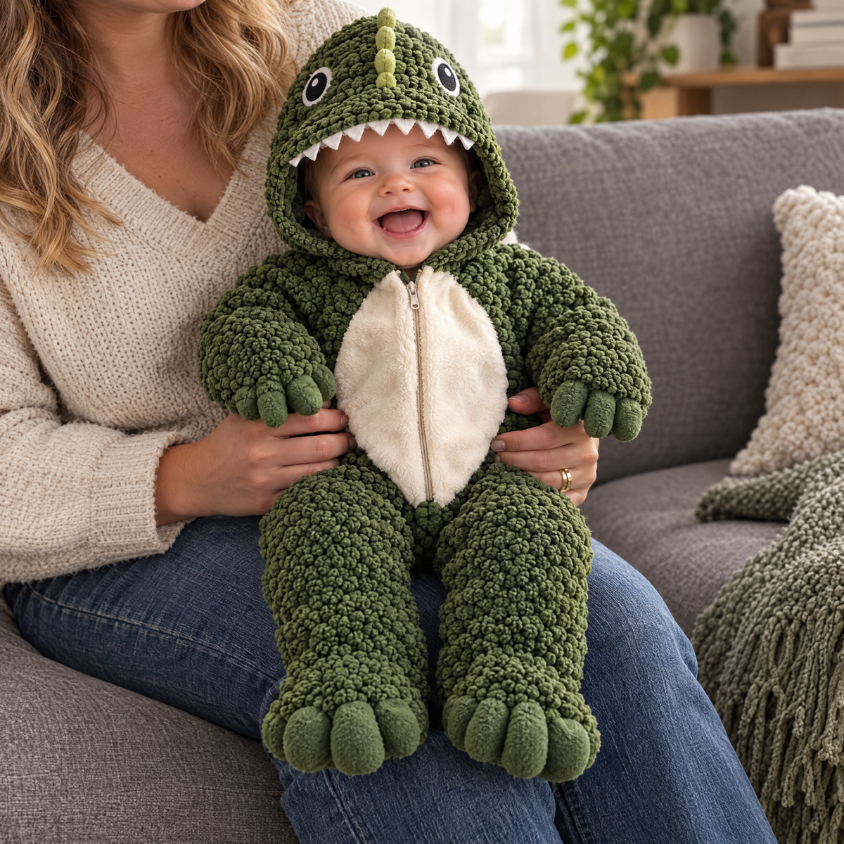 Baby dino romper, on mum's lap