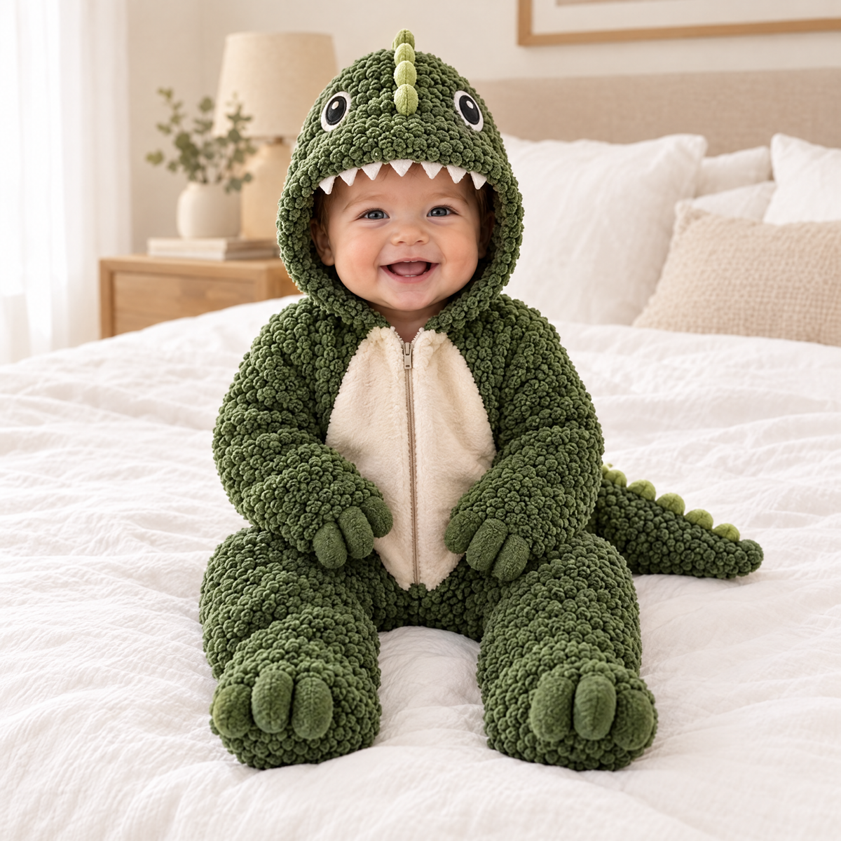 Baby dino romper, sitting on bed