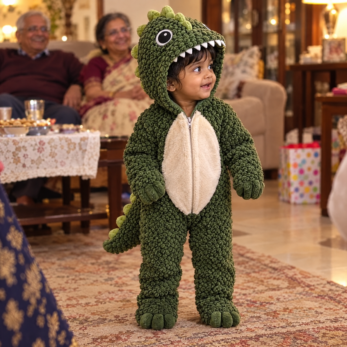 Dinosaur onesie, family gathering