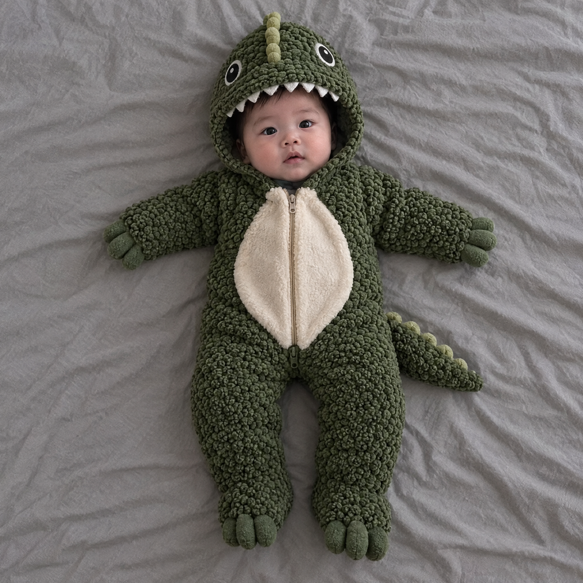 Dinosaur onesie, lying in the cot