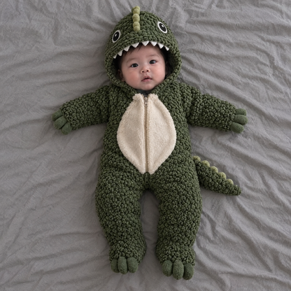 Dinosaur onesie, lying in the cot
