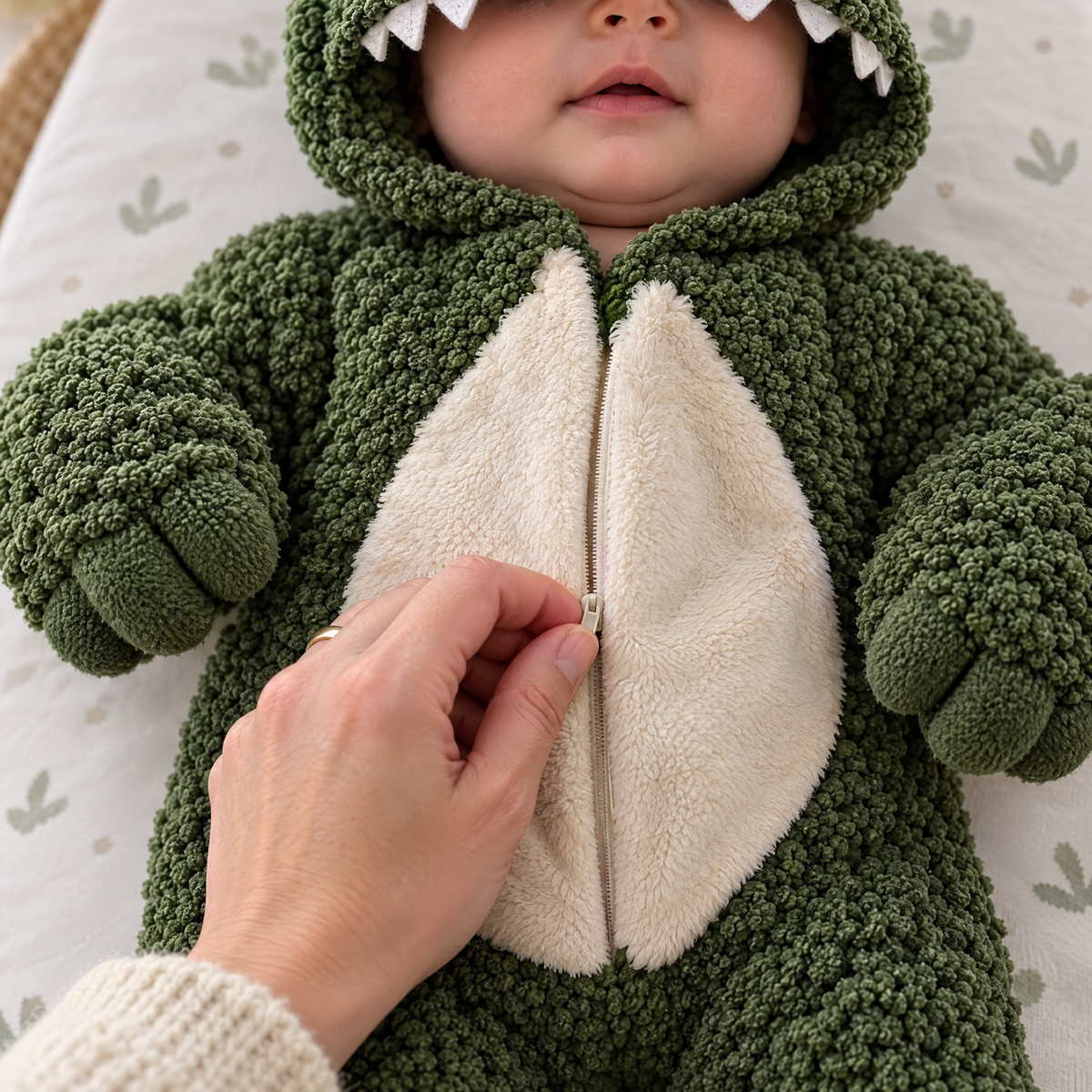 Dinosaur onesie, zip detail