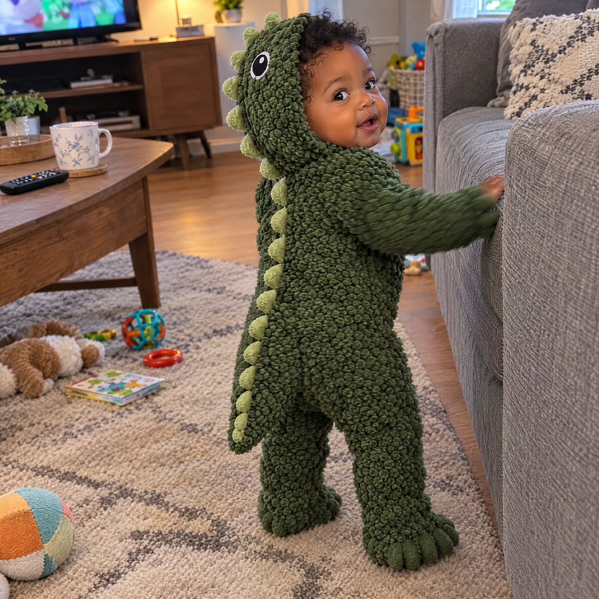 Dinosaur onesie, standing at the sofa