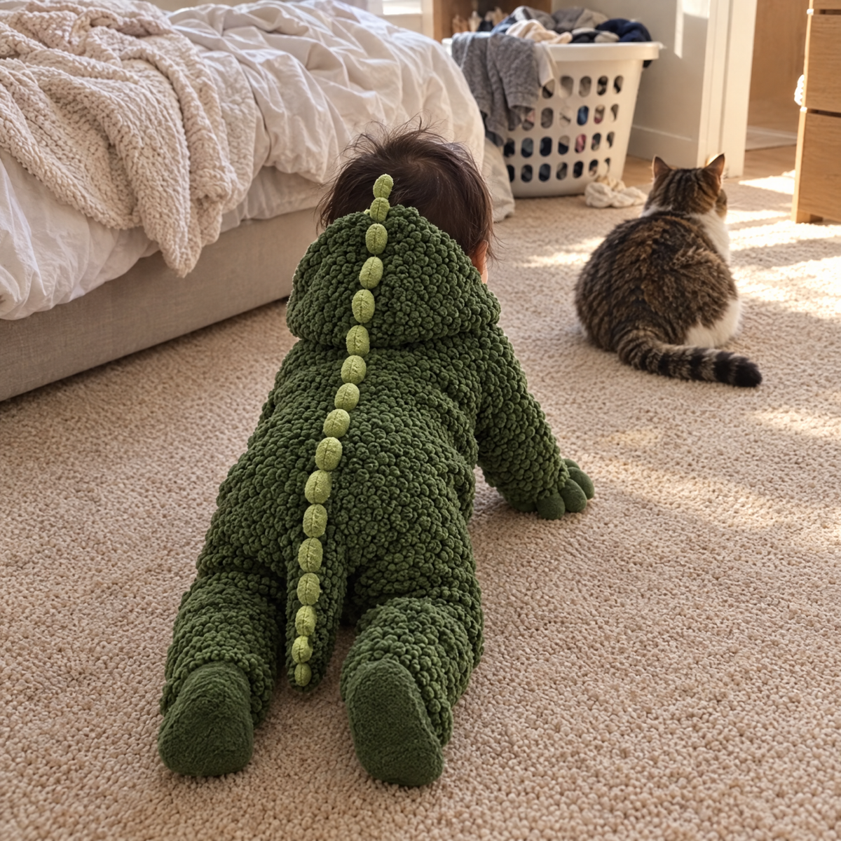 Dinosaur onesie, crawling, spikes and tail