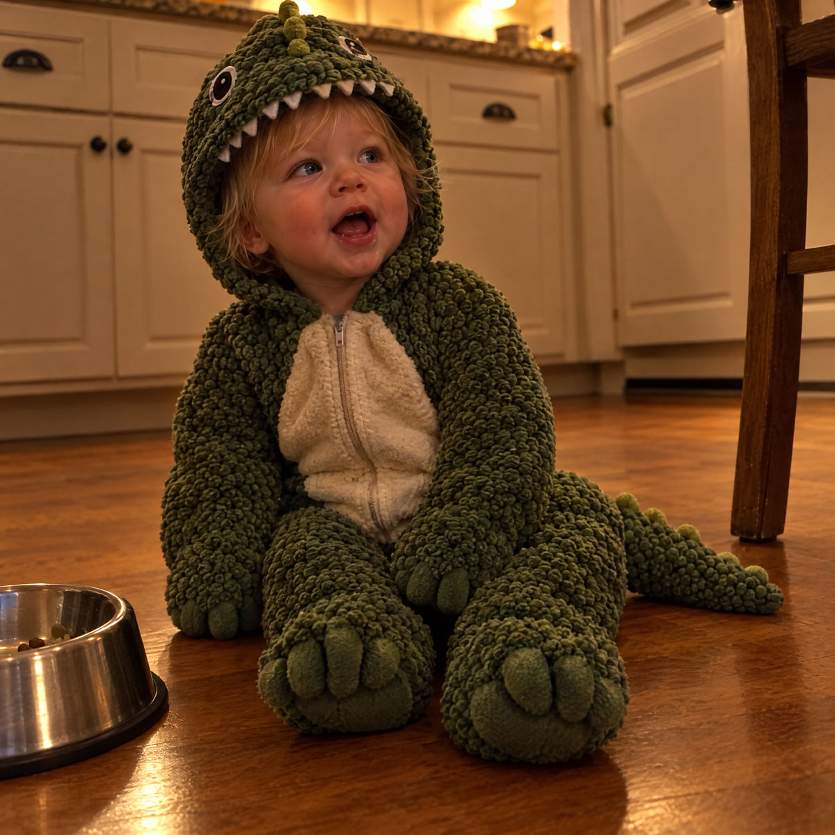 Dinosaur onesie, sitting in the kitchen