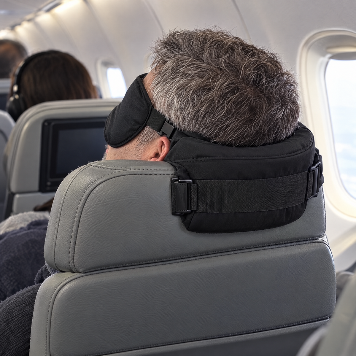 Head support strapped to the headrest