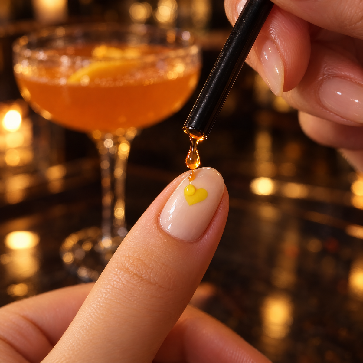 One drop of a cocktail placed on the heart test sticker with a straw