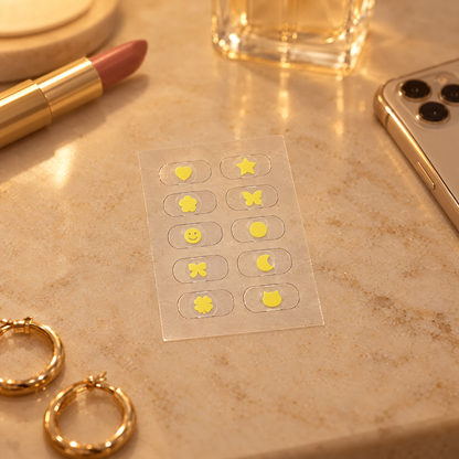 Sheet of 10 yellow test stickers on a vanity table