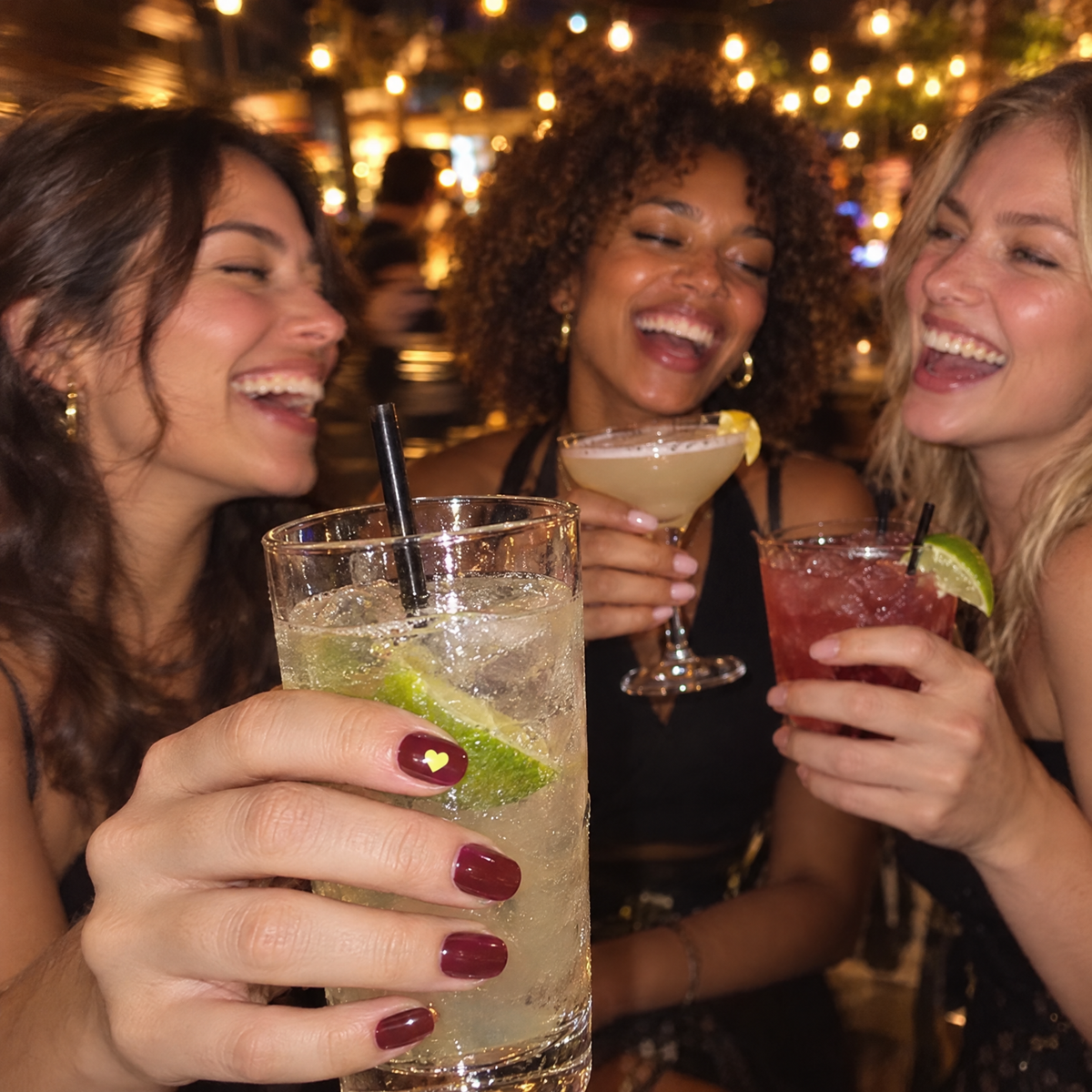Friends toasting at a bar, one wearing a heart test sticker on her nail