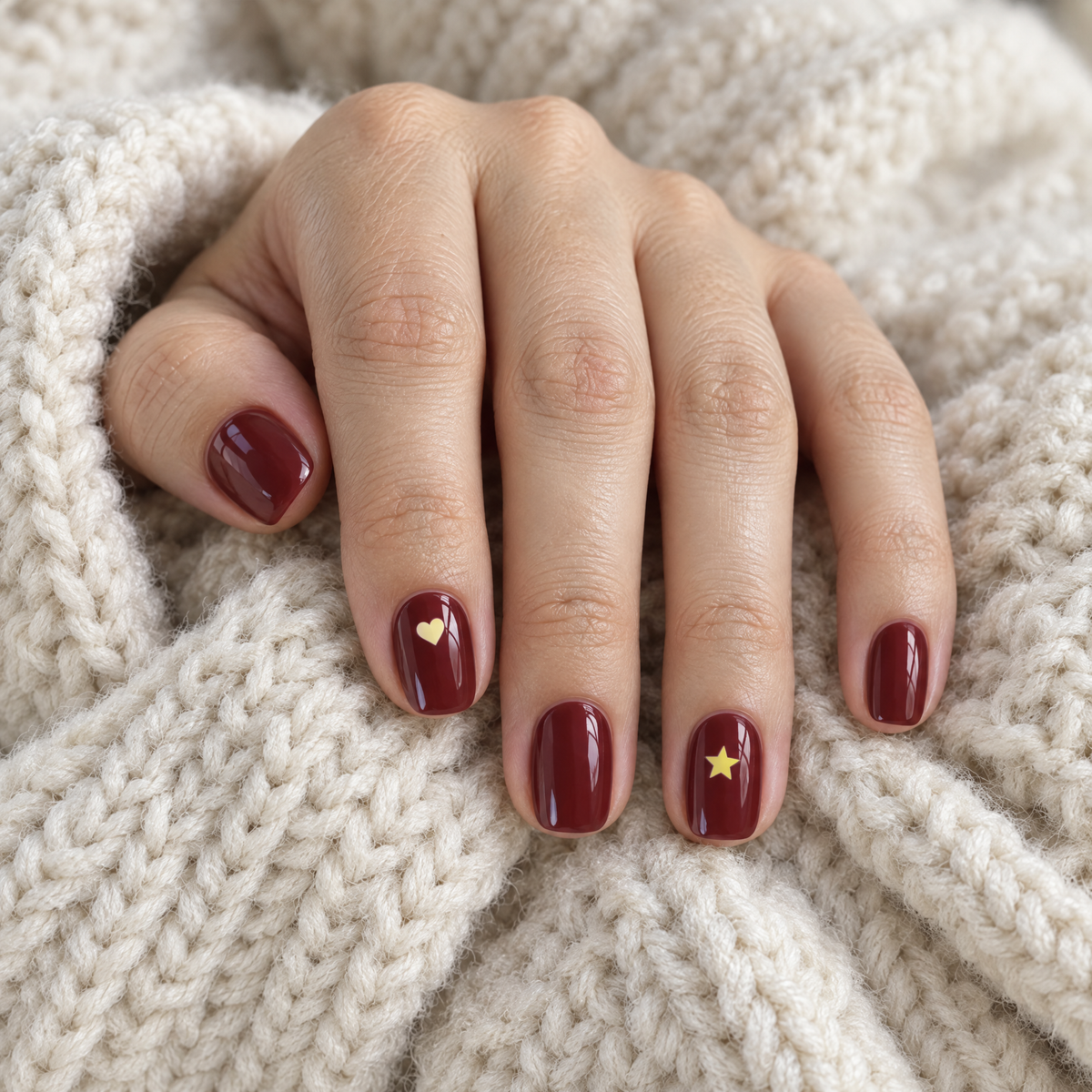 Burgundy manicure with a tiny yellow heart and star that look like nail art