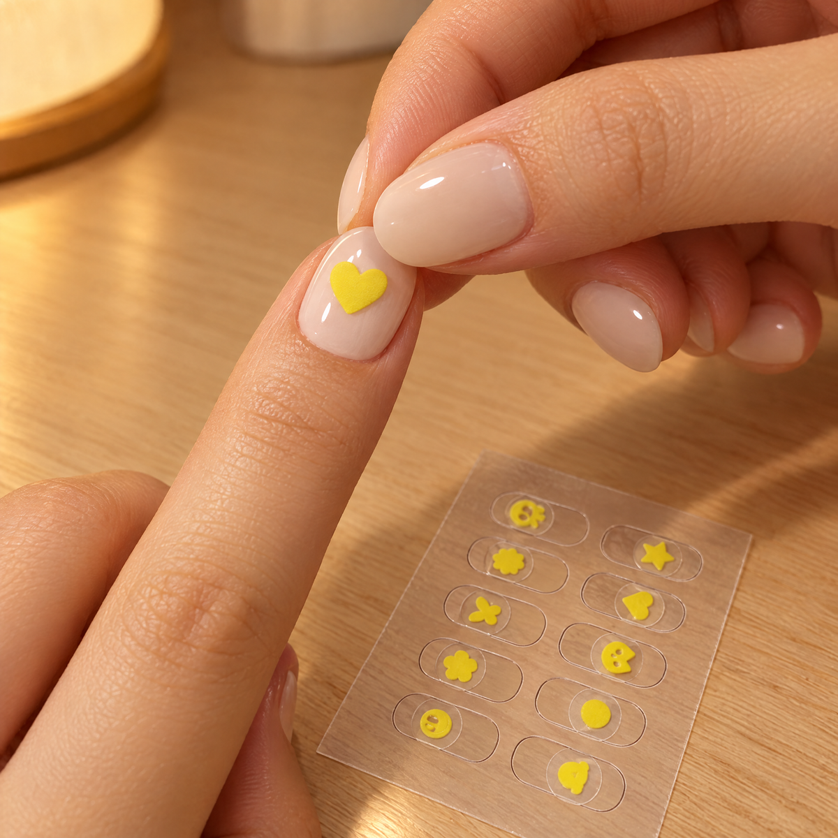 Applying a heart test sticker on a nail before going out