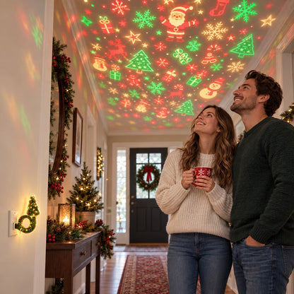 Couple under the Christmas projection on the ceiling