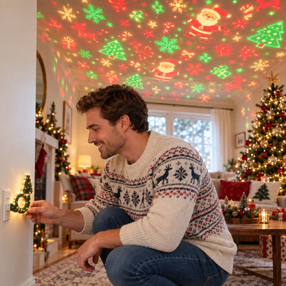 Holding the Christmas projector in the living room