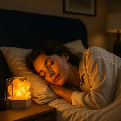 Woman asleep beside the warm glow of the salt lamp
