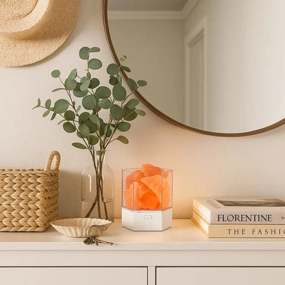 Salt lamp on an entryway console in daylight
